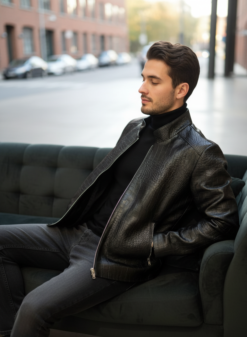 Men’s Black Crocodile-Pattern Leather Jacket